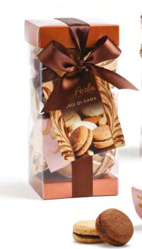 La Perla Baci di Dama csokoládés krémmel töltött piemonti keksz átlátszó díszdobozban 170g